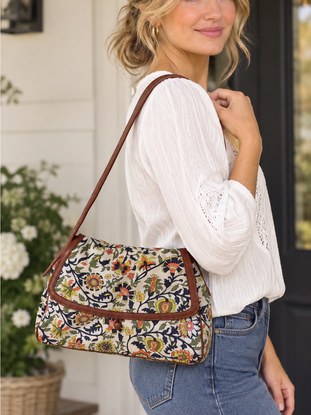 Vera Bradley Floral Printed Shoulder Bag in Brown and Multicolor